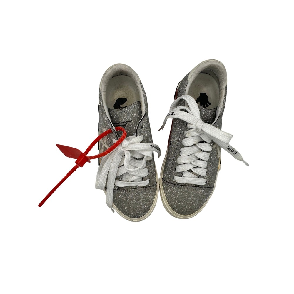 Off-White‎ Kids Low Vulcanized Silver Glitter Sneakers Zip Tie Shoes